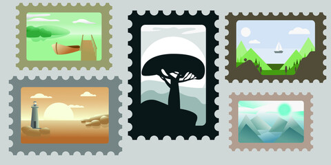 Set of colour post mark with landscapes. Mail and post office conceptual drawing.