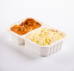 Butter Chicken With basmati rice with take away plate.isolate on white