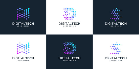 Set of abstract letter digital logo. Symbol for digital technology, dot, computer, data, internet.