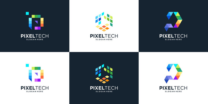 Set Of Abstract Letter P With Pixel Tech Concept Logo Design