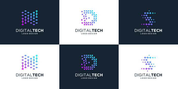 Set of abstract letter digital logo. Symbol for digital technology, dot, computer, data, internet.