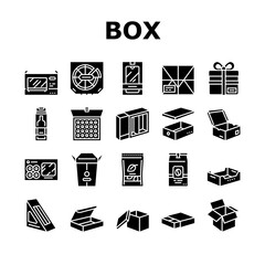 Box Carton Container Collection Icons Set Vector. Sushi Delivering And Pizza, Box For Tea And Coffee, Mobile Phone And Tv Plazma Glyph Pictograms Black Illustrations - obrazy, fototapety, plakaty