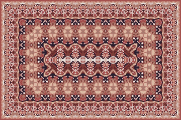 Vintage Arabic pattern. Persian colored carpet. Rich ornament for fabric design, handmade, interior decoration, textiles. Red background. - 436221105