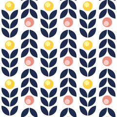 Seamless abstract Nordic style flowers pattern with yellow and pink blooming flowers white background - obrazy, fototapety, plakaty