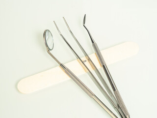 Dentist tools on the desk table. Concept of oral health care.