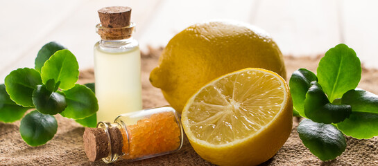 Health care concept. Organic cosmetics with lemon. Product for spa and aromatherapy. Natural...