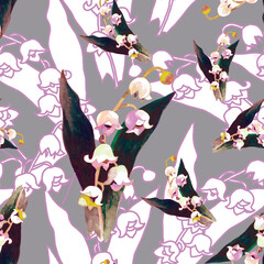 Graphics and watercolor lily of the valle flowers branches on grey background seamless pattern for all prints.