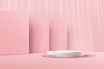 Modern white cylinder pedestal podium, Light pink empty room with geometric pattern, pink curtain decorate. Abstract vector rendering 3d shape, Product display presentation. Pastel room minimal scene.