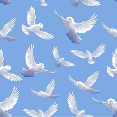 Beautiful seamless pattern. Valentines day card with pigeons on blue sky background. Flock of birds. Vector illustration.