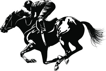 Black and white image of a jockey galloping a horse vector illustration