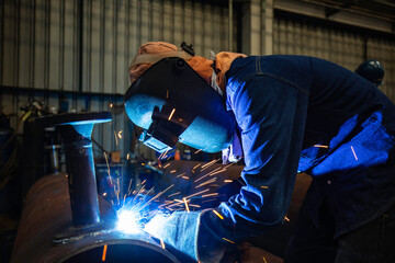 Welding male worker metal is part in machinery nozzle pipeline construction