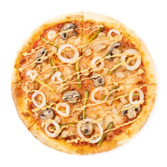 pizza with mushrooms and onions isolated on white