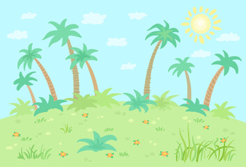 Fototapeta na wymiar Summer landscape with big palms, bushes, grass, flowers, sun, and clouds. In cartoon style. Vector flat illustration.