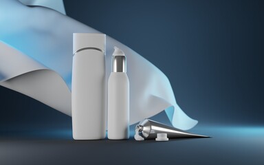 Night series cosmetic luxury products for skin care. White bottle shampoo, pump package on dark blue background with cloth. Metal tube with open cap, container with cream or toothpaste 3d illustration