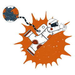 Astronaut illustration. Earth planet and Sun. Fantasy flat isolated character. Cosmic explorer with planet. Universe adventure. Person at spacesuit. Astronomy sketch. Symbol of future. Cosmos concept.