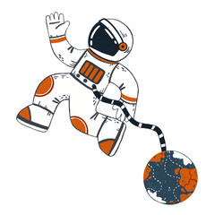 Astronaut illustration. Earth planet in hand. Fantasy flat isolated character. Cosmic explorer with planet. Universe adventure. Person at spacesuit. Astronomy sketch. Symbol of future. Cosmos concept.