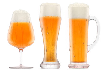 Set of fresh beer in different mugs with bubble froth isolated on white.