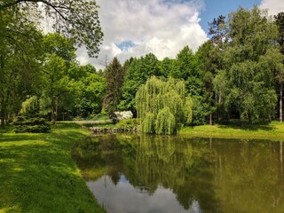 Fototapeta na wymiar Park in Lodz - green areas of Lodz city - top view