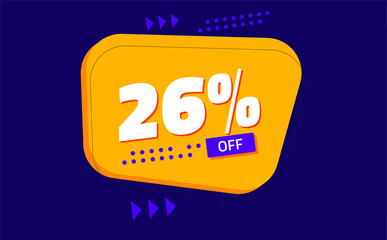 twenty-six percent discount. purple banner with orange floating balloon for promotions and offers 