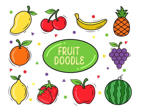 Fruits doodle drawing collection. fruit such as apples, strawberries, oranges, grape, melons, pineapples, bananas, cherries and mangoe etc. Hand drawn vector illustration