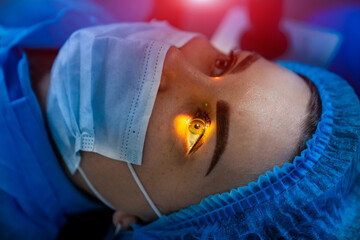 Laser woman eye correction. Operation with laser vision correction. - obrazy, fototapety, plakaty