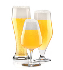 Set of fresh light beer glasses with bubble froth isolated on white background.