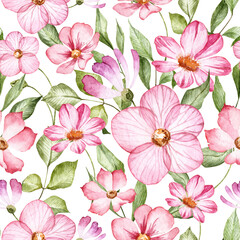 Seamless pattern with hand painted watercolor soft flowers