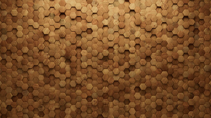 Timber, Natural Wall background with tiles. Hexagonal, tile Wallpaper with 3D, Wood blocks. 3D Render