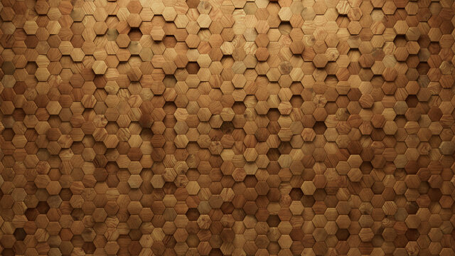 Timber, Natural Wall background with tiles. Hexagonal, tile Wallpaper with 3D, Wood blocks. 3D Render