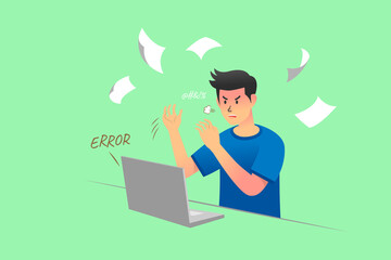 Young depressed frustrated stressful businessman angry throwing papers in air. Business, mental stress, anger, fury, freelance concept. Burning deadline critical error illustration.