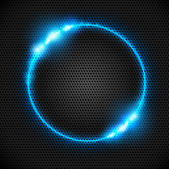 Abstract soft blue neon ring on dark metal frame background design. Light effect. The whirlwind of shiny particles. Flashes of light on the Emerald Circle. Empty space for text.Vector illustration.