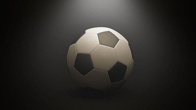 3D rendering. A soccer ball on a dark background. Soft illumination of the image. Sports equipment. A team game. 3D illustration.