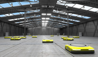 Yellow autonomous robots in warehouse - 3D illustration
