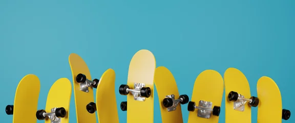Poster Yellow surf skate or skateboard on vibrant blue color background.Sport activity lifestyle and extreme lifestyle concept,Copy space.3D rendering. © Yingyaipumi
