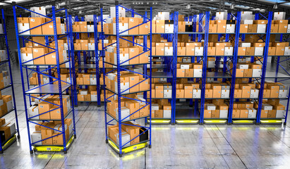 Warehouse with packages, rack shelves and robots - 3D illustration