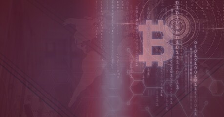 Composition of bitcoin symbol, binary coding processing on world map background