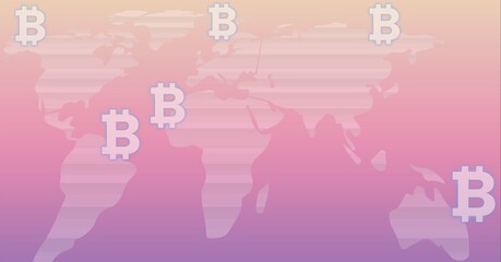 Composition of bitcoin symbols on world map pink background