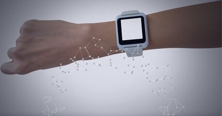 Composition of dna strand over woman's hand with smartwatch with blank screen