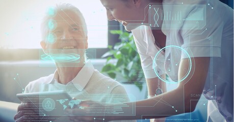 Composition of digital screens with medical data processing over happy senior man using tablet