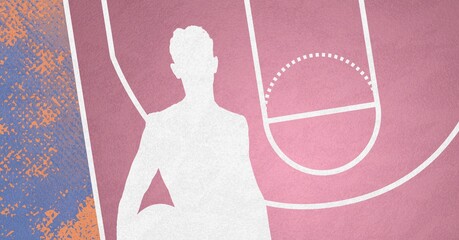 Composition of pink basketball court overhead and white player silhouette over textured background © vectorfusionart