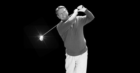 Composition of smiling caucasian male golf player with golf club with copy space in black and white