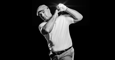 Composition of male golf player with golf club with copy space in black and white