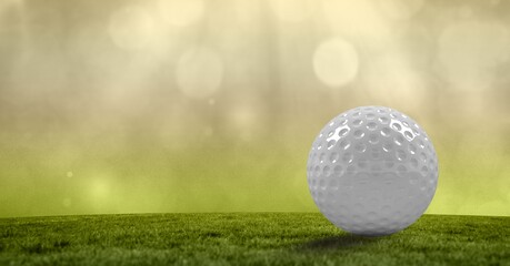 Composition of golf ball in grass, green background and copy space