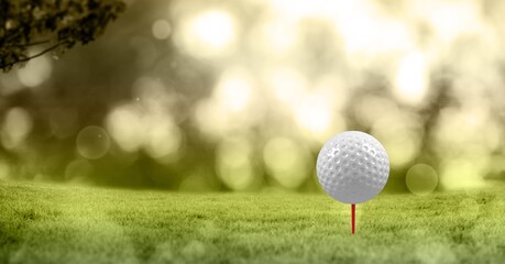 Composition of golf ball in grass on red tee and copy space