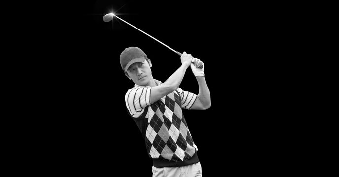 Composition of asian male golf player with golf club with copy space in black and white