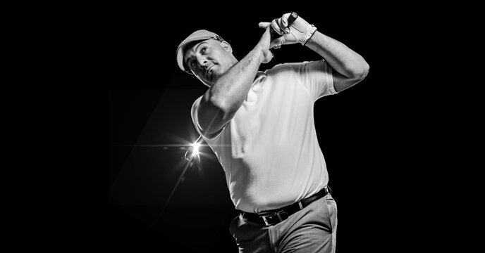 Composition of male golf player with golf club with copy space in black and white