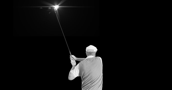 Composition of male golf player with golf club and copy space in black and white