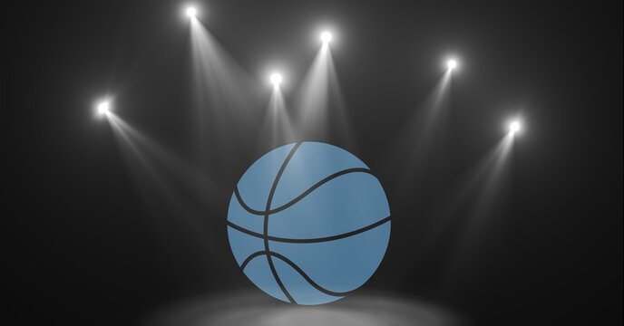 Composition of blue basketball over spot lights on grey background