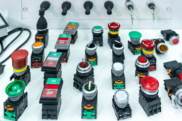 Various Push button with signal lamp indicator or pilot lamp and key switch on off mono level switch for electric control system in production line or machine in manufacturing process industrial