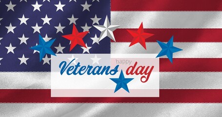 Composition of veterans day text and stars over american flag